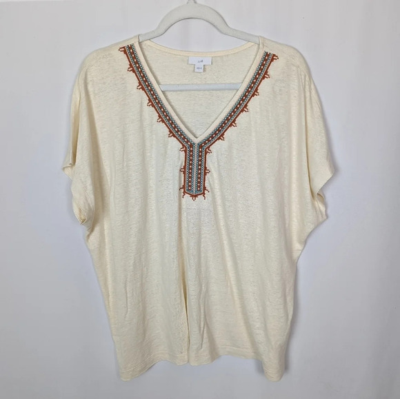 J. Jill sz L Embroidered Embellished V Neck Tee Linen Blend Aztec Top Shirt Tee - Picture 1 of 8